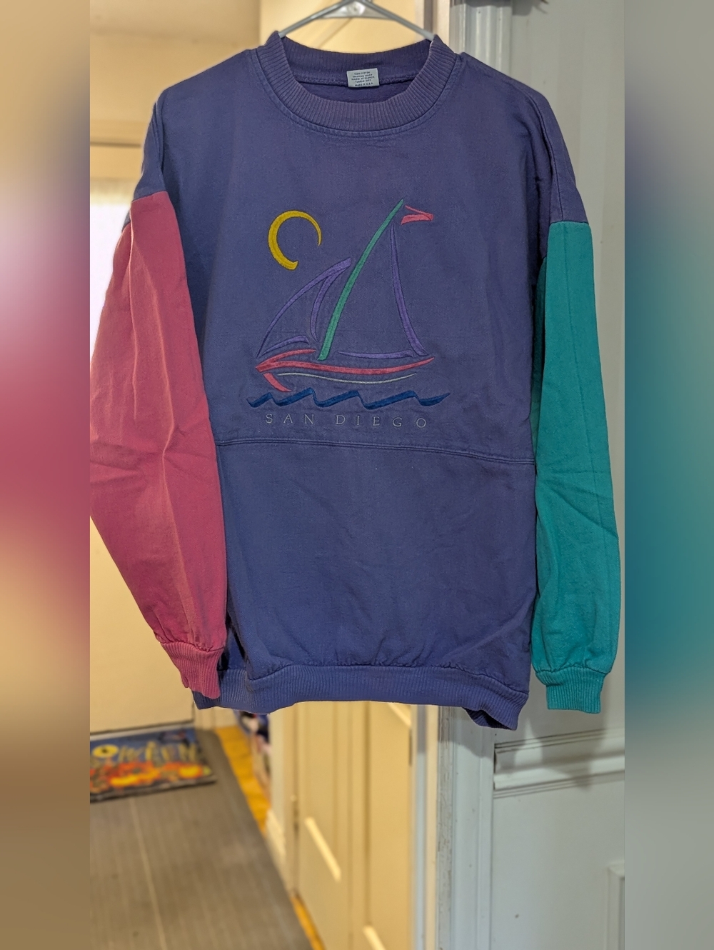 Vintage San Diego Sailboat Crewneck Sweatshirt - Purple with Teal & Pink Sleeves